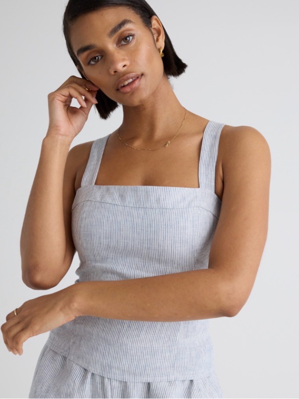 Quince Light Blue Pinstripe Square Neck Tank 100% European Linen